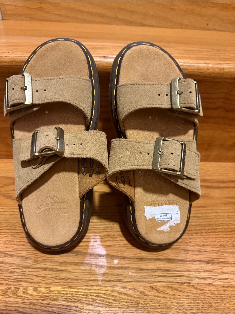 Kids Tan Suede Double-Buckle Slide Sandals